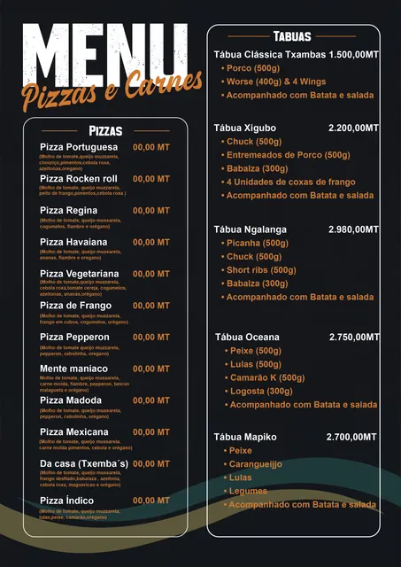 Txambas — Menu de pizzas e tábuas